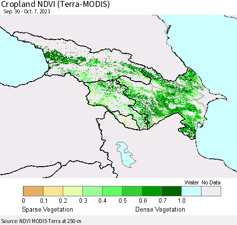 Azerbaijan, Armenia and Georgia Cropland NDVI (Terra-MODIS) Thematic Map For 9/30/2023 - 10/7/2023