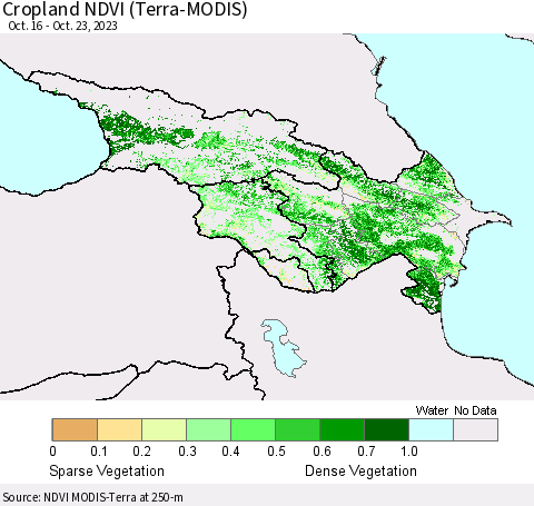Azerbaijan, Armenia and Georgia Cropland NDVI (Terra-MODIS) Thematic Map For 10/16/2023 - 10/23/2023
