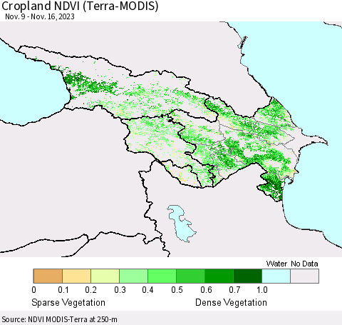 Azerbaijan, Armenia and Georgia Cropland NDVI (Terra-MODIS) Thematic Map For 11/9/2023 - 11/16/2023