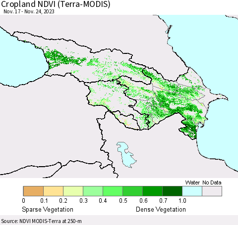 Azerbaijan, Armenia and Georgia Cropland NDVI (Terra-MODIS) Thematic Map For 11/17/2023 - 11/24/2023
