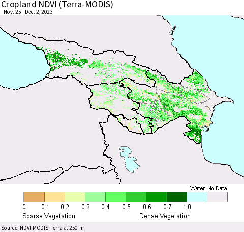 Azerbaijan, Armenia and Georgia Cropland NDVI (Terra-MODIS) Thematic Map For 11/25/2023 - 12/2/2023