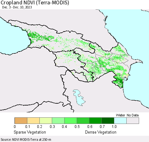 Azerbaijan, Armenia and Georgia Cropland NDVI (Terra-MODIS) Thematic Map For 12/3/2023 - 12/10/2023