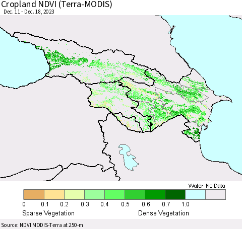 Azerbaijan, Armenia and Georgia Cropland NDVI (Terra-MODIS) Thematic Map For 12/11/2023 - 12/18/2023