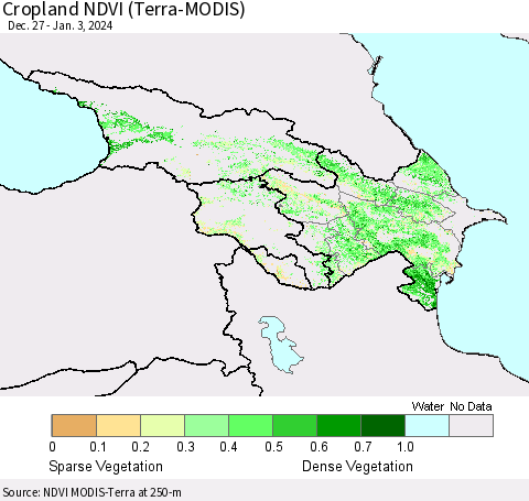 Azerbaijan, Armenia and Georgia Cropland NDVI (Terra-MODIS) Thematic Map For 12/27/2023 - 1/3/2024