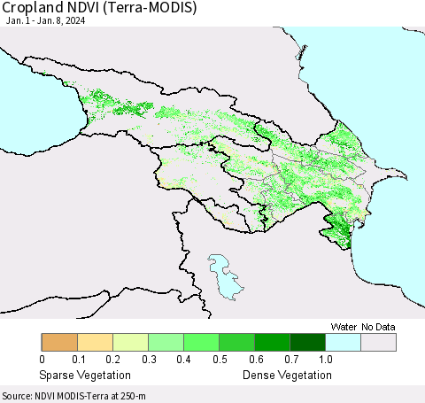 Azerbaijan, Armenia and Georgia Cropland NDVI (Terra-MODIS) Thematic Map For 1/1/2024 - 1/8/2024
