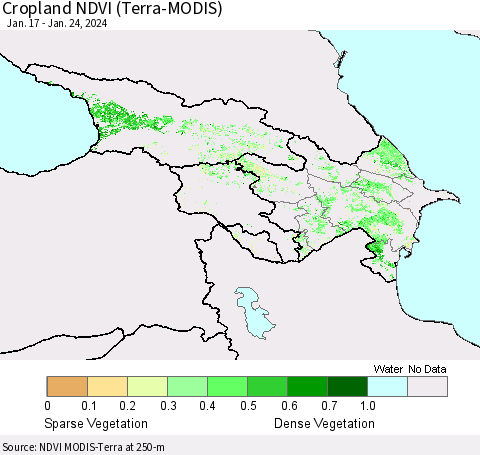 Azerbaijan, Armenia and Georgia Cropland NDVI (Terra-MODIS) Thematic Map For 1/17/2024 - 1/24/2024