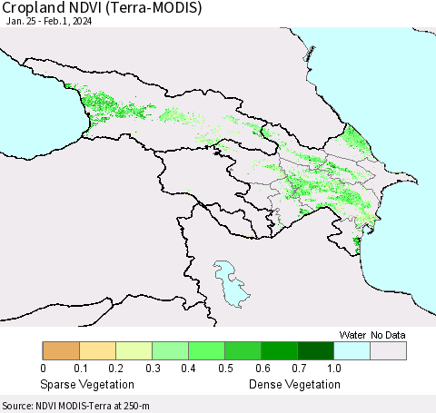 Azerbaijan, Armenia and Georgia Cropland NDVI (Terra-MODIS) Thematic Map For 1/25/2024 - 2/1/2024