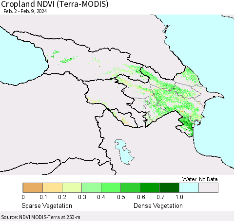 Azerbaijan, Armenia and Georgia Cropland NDVI (Terra-MODIS) Thematic Map For 2/2/2024 - 2/9/2024