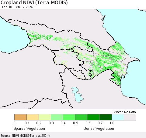 Azerbaijan, Armenia and Georgia Cropland NDVI (Terra-MODIS) Thematic Map For 2/10/2024 - 2/17/2024