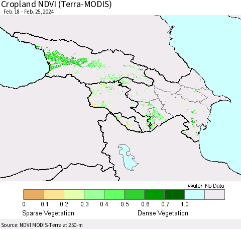 Azerbaijan, Armenia and Georgia Cropland NDVI (Terra-MODIS) Thematic Map For 2/18/2024 - 2/25/2024