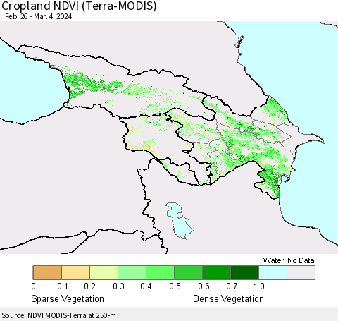 Azerbaijan, Armenia and Georgia Cropland NDVI (Terra-MODIS) Thematic Map For 2/26/2024 - 3/4/2024
