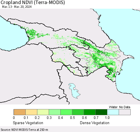 Azerbaijan, Armenia and Georgia Cropland NDVI (Terra-MODIS) Thematic Map For 3/13/2024 - 3/20/2024