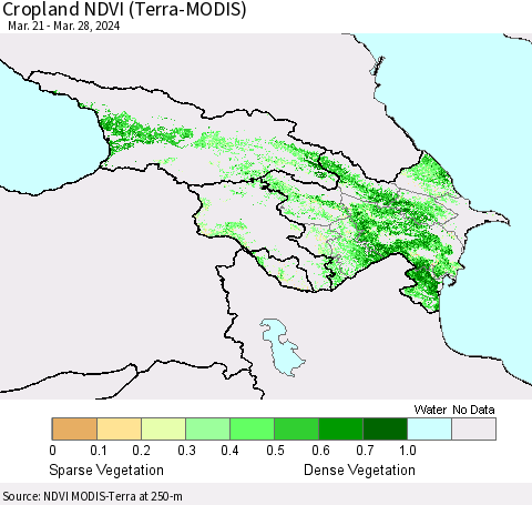 Azerbaijan, Armenia and Georgia Cropland NDVI (Terra-MODIS) Thematic Map For 3/21/2024 - 3/28/2024