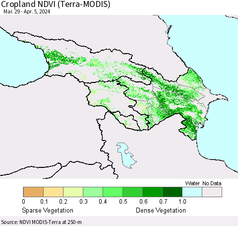 Azerbaijan, Armenia and Georgia Cropland NDVI (Terra-MODIS) Thematic Map For 3/29/2024 - 4/5/2024