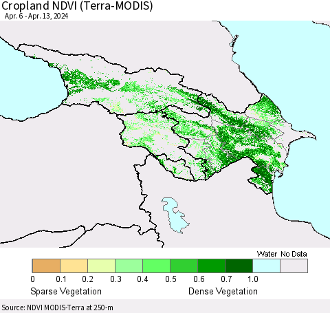 Azerbaijan, Armenia and Georgia Cropland NDVI (Terra-MODIS) Thematic Map For 4/6/2024 - 4/13/2024