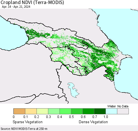 Azerbaijan, Armenia and Georgia Cropland NDVI (Terra-MODIS) Thematic Map For 4/14/2024 - 4/21/2024