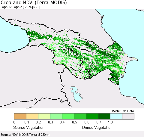 Azerbaijan, Armenia and Georgia Cropland NDVI (Terra-MODIS) Thematic Map For 4/22/2024 - 4/29/2024