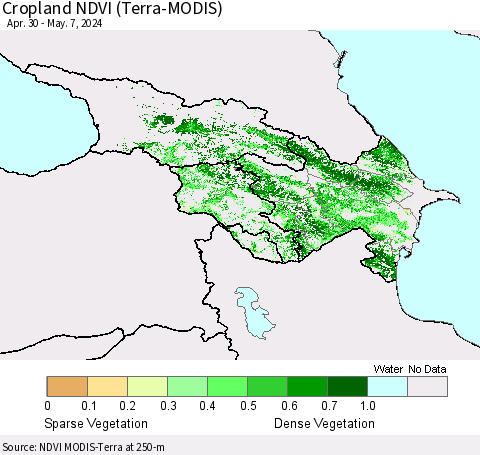 Azerbaijan, Armenia and Georgia Cropland NDVI (Terra-MODIS) Thematic Map For 4/30/2024 - 5/7/2024