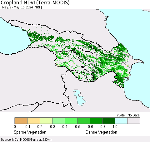 Azerbaijan, Armenia and Georgia Cropland NDVI (Terra-MODIS) Thematic Map For 5/8/2024 - 5/15/2024