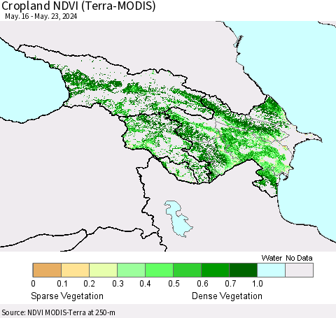 Azerbaijan, Armenia and Georgia Cropland NDVI (Terra-MODIS) Thematic Map For 5/16/2024 - 5/23/2024
