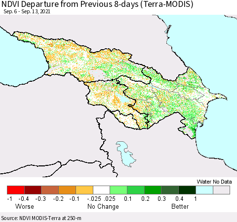 Azerbaijan, Armenia and Georgia NDVI Departure from Previous 8-days (Terra-MODIS) Thematic Map For 9/6/2021 - 9/13/2021