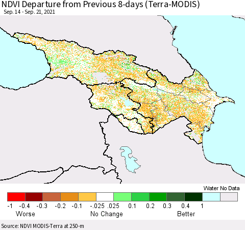 Azerbaijan, Armenia and Georgia NDVI Departure from Previous 8-days (Terra-MODIS) Thematic Map For 9/14/2021 - 9/21/2021