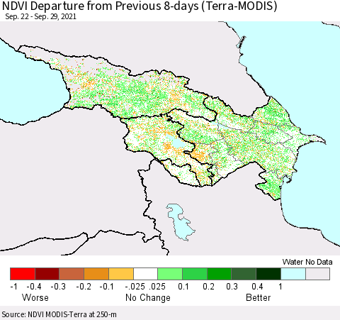 Azerbaijan, Armenia and Georgia NDVI Departure from Previous 8-days (Terra-MODIS) Thematic Map For 9/22/2021 - 9/29/2021