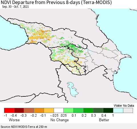 Azerbaijan, Armenia and Georgia NDVI Departure from Previous 8-days (Terra-MODIS) Thematic Map For 9/30/2021 - 10/7/2021