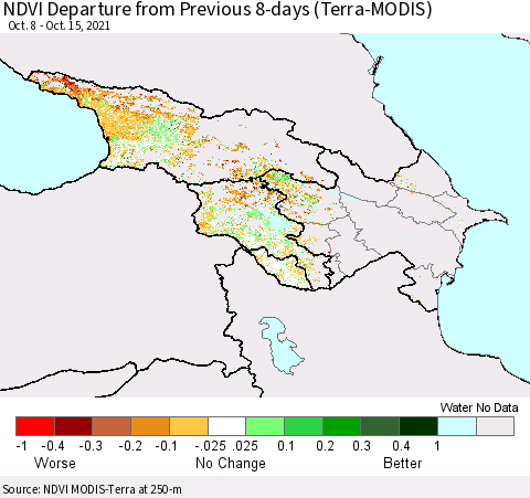 Azerbaijan, Armenia and Georgia NDVI Departure from Previous 8-days (Terra-MODIS) Thematic Map For 10/8/2021 - 10/15/2021