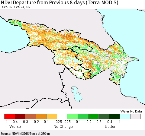 Azerbaijan, Armenia and Georgia NDVI Departure from Previous 8-days (Terra-MODIS) Thematic Map For 10/16/2021 - 10/23/2021