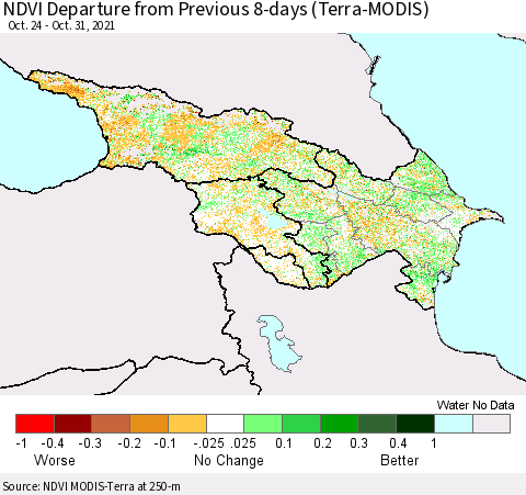 Azerbaijan, Armenia and Georgia NDVI Departure from Previous 8-days (Terra-MODIS) Thematic Map For 10/24/2021 - 10/31/2021