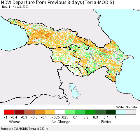 Azerbaijan, Armenia and Georgia NDVI Departure from Previous 8-days (Terra-MODIS) Thematic Map For 11/1/2021 - 11/8/2021