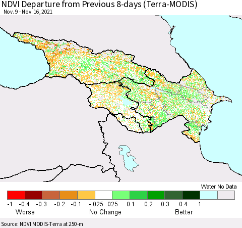 Azerbaijan, Armenia and Georgia NDVI Departure from Previous 8-days (Terra-MODIS) Thematic Map For 11/9/2021 - 11/16/2021