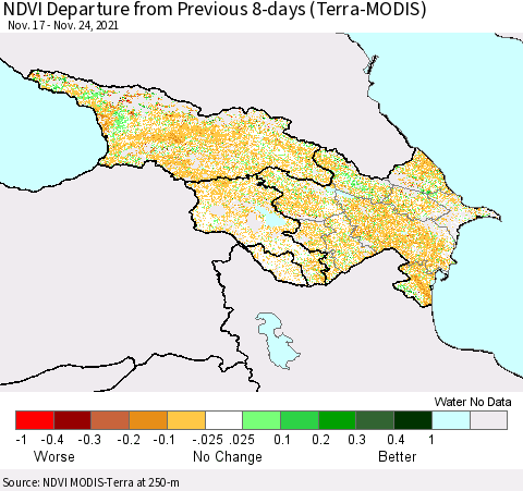 Azerbaijan, Armenia and Georgia NDVI Departure from Previous 8-days (Terra-MODIS) Thematic Map For 11/17/2021 - 11/24/2021