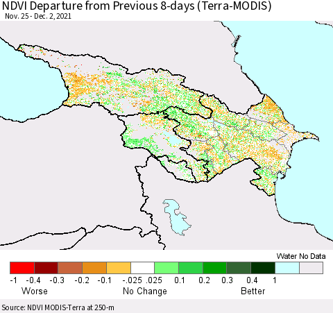 Azerbaijan, Armenia and Georgia NDVI Departure from Previous 8-days (Terra-MODIS) Thematic Map For 11/25/2021 - 12/2/2021