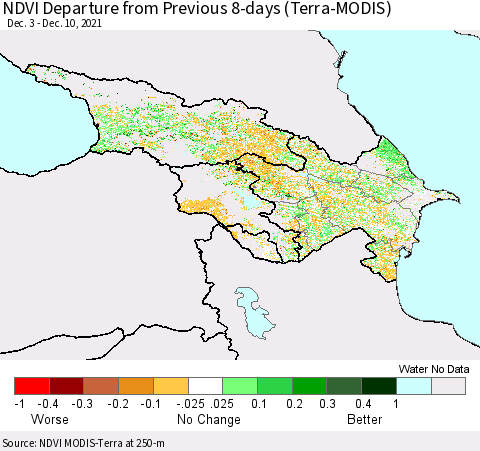 Azerbaijan, Armenia and Georgia NDVI Departure from Previous 8-days (Terra-MODIS) Thematic Map For 12/3/2021 - 12/10/2021