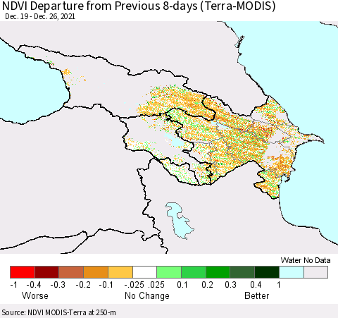 Azerbaijan, Armenia and Georgia NDVI Departure from Previous 8-days (Terra-MODIS) Thematic Map For 12/19/2021 - 12/26/2021