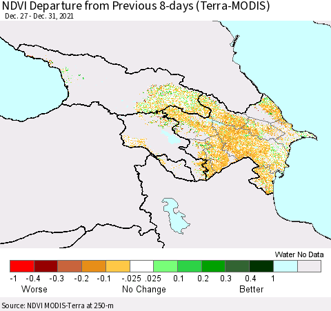 Azerbaijan, Armenia and Georgia NDVI Departure from Previous 8-days (Terra-MODIS) Thematic Map For 12/26/2021 - 1/2/2022