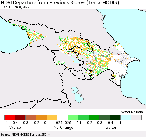 Azerbaijan, Armenia and Georgia NDVI Departure from Previous 8-days (Terra-MODIS) Thematic Map For 1/1/2022 - 1/8/2022