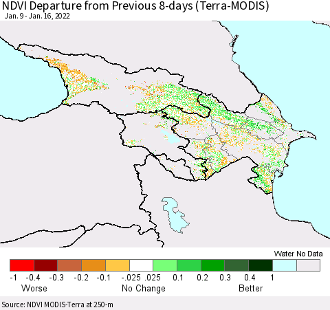 Azerbaijan, Armenia and Georgia NDVI Departure from Previous 8-days (Terra-MODIS) Thematic Map For 1/9/2022 - 1/16/2022