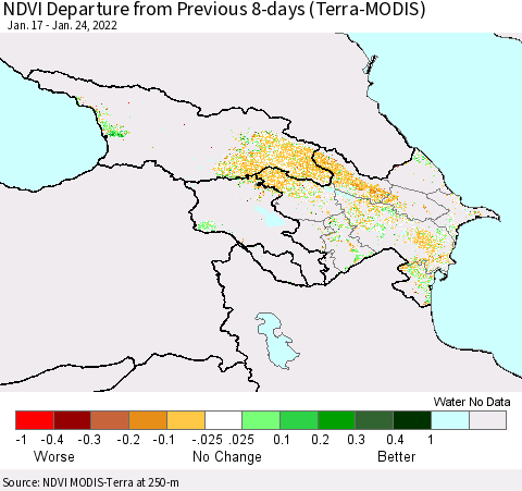 Azerbaijan, Armenia and Georgia NDVI Departure from Previous 8-days (Terra-MODIS) Thematic Map For 1/17/2022 - 1/24/2022