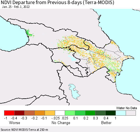 Azerbaijan, Armenia and Georgia NDVI Departure from Previous 8-days (Terra-MODIS) Thematic Map For 1/25/2022 - 2/1/2022