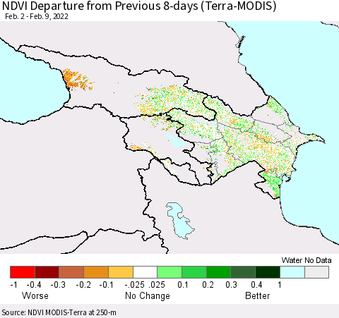 Azerbaijan, Armenia and Georgia NDVI Departure from Previous 8-days (Terra-MODIS) Thematic Map For 2/2/2022 - 2/9/2022