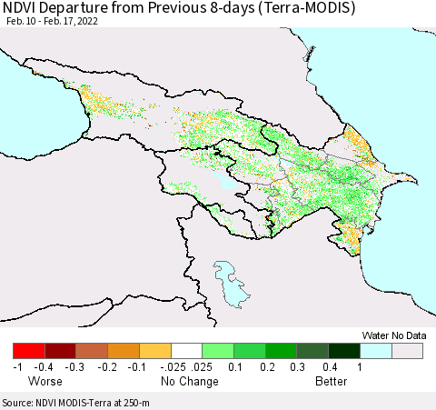 Azerbaijan, Armenia and Georgia NDVI Departure from Previous 8-days (Terra-MODIS) Thematic Map For 2/10/2022 - 2/17/2022