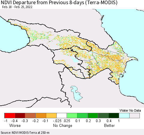 Azerbaijan, Armenia and Georgia NDVI Departure from Previous 8-days (Terra-MODIS) Thematic Map For 2/18/2022 - 2/25/2022