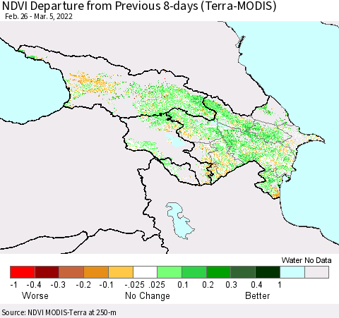 Azerbaijan, Armenia and Georgia NDVI Departure from Previous 8-days (Terra-MODIS) Thematic Map For 2/26/2022 - 3/5/2022