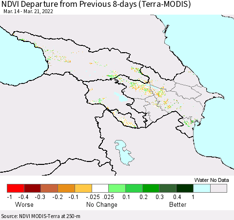 Azerbaijan, Armenia and Georgia NDVI Departure from Previous 8-days (Terra-MODIS) Thematic Map For 3/14/2022 - 3/21/2022