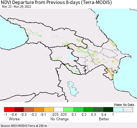 Azerbaijan, Armenia and Georgia NDVI Departure from Previous 8-days (Terra-MODIS) Thematic Map For 3/22/2022 - 3/29/2022