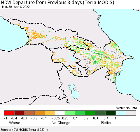 Azerbaijan, Armenia and Georgia NDVI Departure from Previous 8-days (Terra-MODIS) Thematic Map For 3/30/2022 - 4/6/2022
