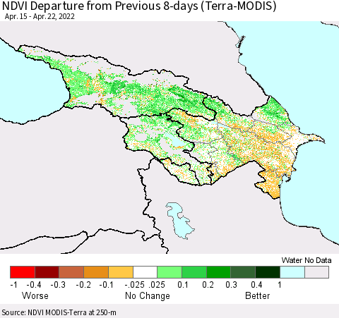 Azerbaijan, Armenia and Georgia NDVI Departure from Previous 8-days (Terra-MODIS) Thematic Map For 4/15/2022 - 4/22/2022